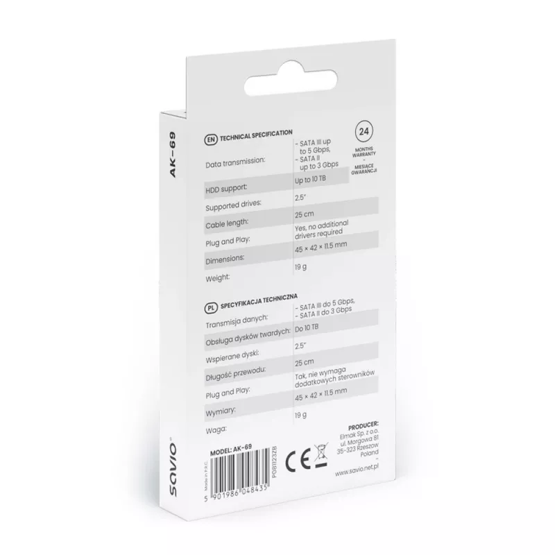 Cable de interfaz SATA a USB-C SAVIO AK-69, conector hembra SATA a conector macho USB-C, USB 3.2 Gen 1 (5 Gbit/s), 0,25 m, negro