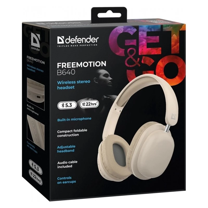 Defender FreeMotion B640 auriculares inalámbricos supraaurales, Bluetooth 5.3, USB-C, AUX 3,5 mm, 20–20000 Hz, 105 dB, beige
