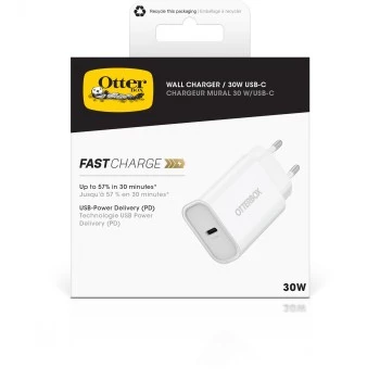 Cargador de pared OTTERBOX 30W USB-C PD blanco — salida de 30W, un puerto USB-C