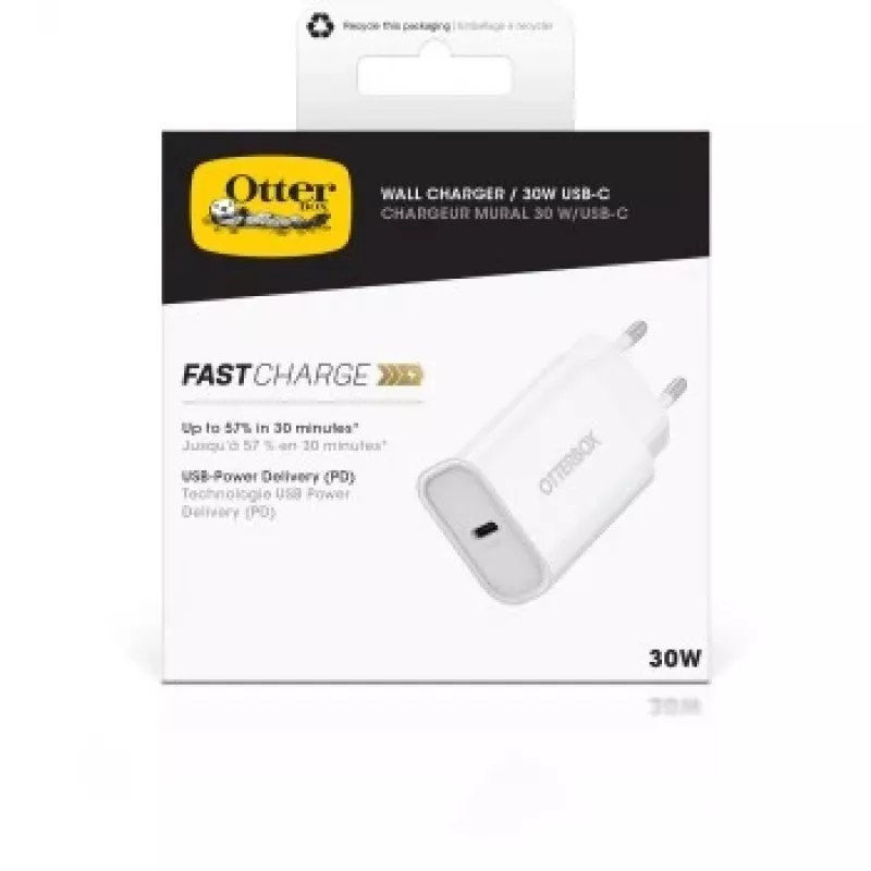 Cargador de pared OTTERBOX 30W USB-C PD blanco — salida de 30W, un puerto USB-C