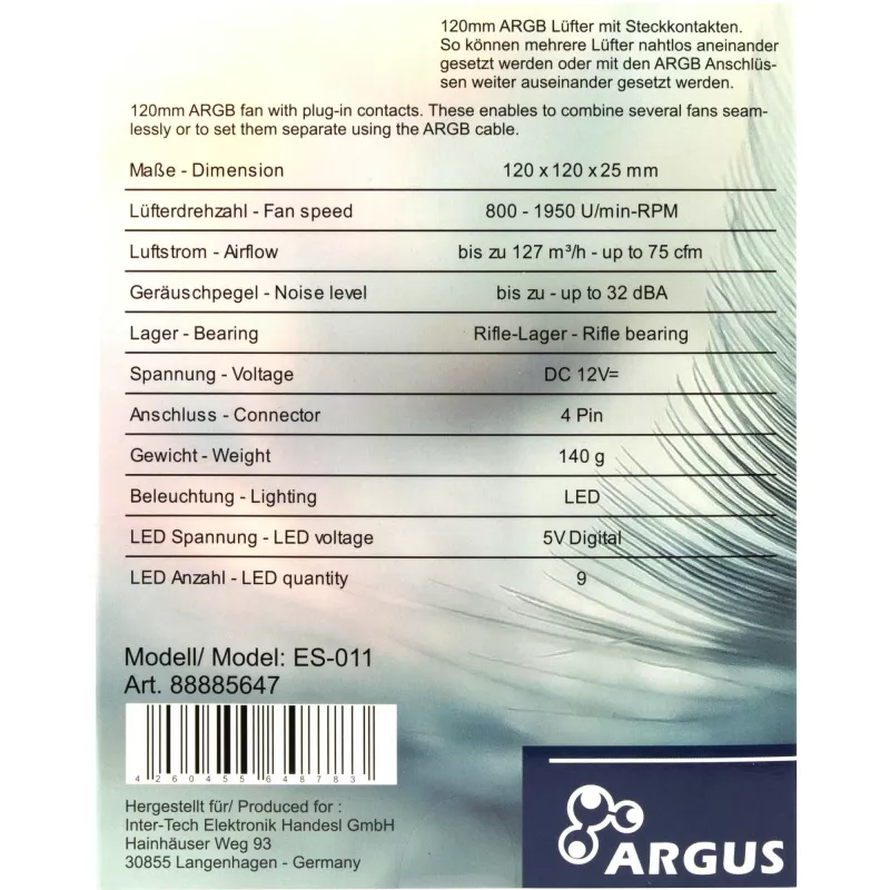 Ventilador para caja de PC INTER-TECH ES-011, 120 mm, negro, 1 ud.