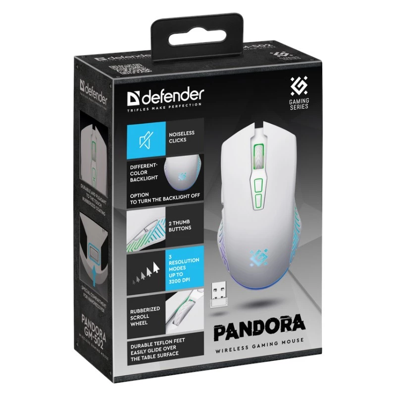 Ratón gaming inalámbrico DEFENDER Pandora White – ambidiestro, 3200 DPI, 6 botones, programable, óptico, USB