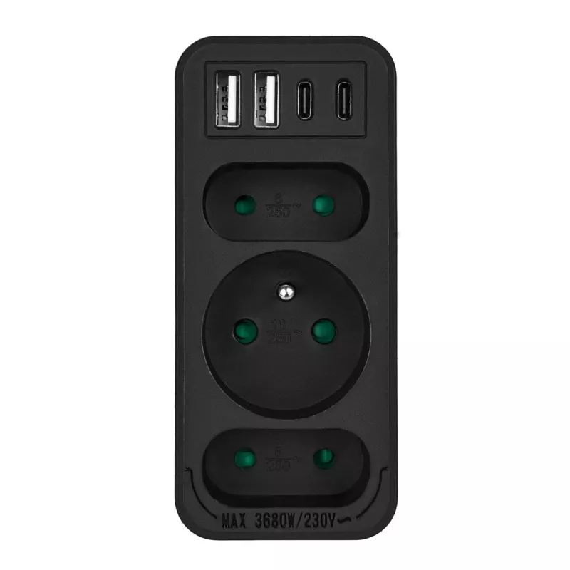 Regleta de enchufes MACLEAN MCE248 F/B — 3 tomas AC (1x16A, 2x6A) y 4 puertos USB (2xUSB‑A, 2xUSB‑C PD 20W), conector EU, negro