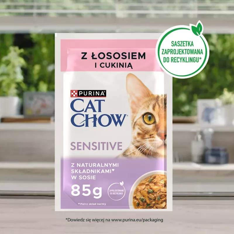 Purina Cat Chow Sensitive Gig con salmón y calabacín en salsa - Comida húmeda para gatos - 85 g