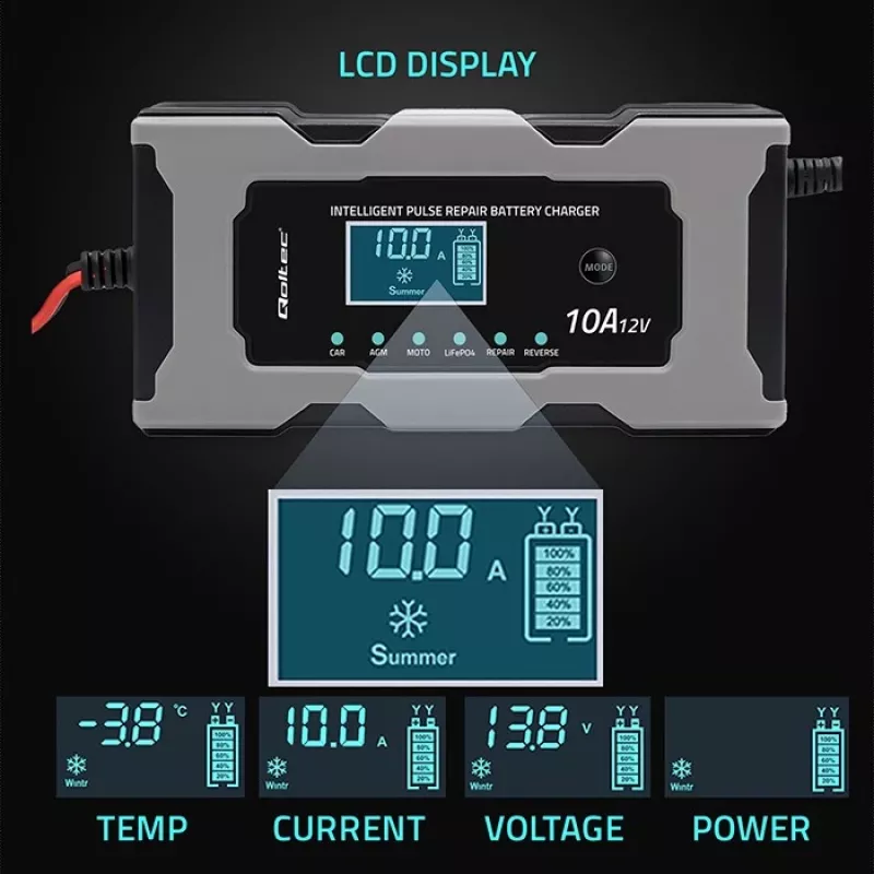 Cargador QOLTEC 52493 12V 10A con función de reparación para baterías AGM