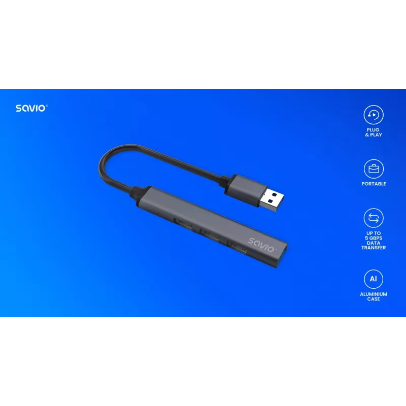Savio AK-70 hub USB-A, 4 en 1: 3 x USB-A 2.0 + 1 x USB-A 3.1 Gen 1, 5 Gbps