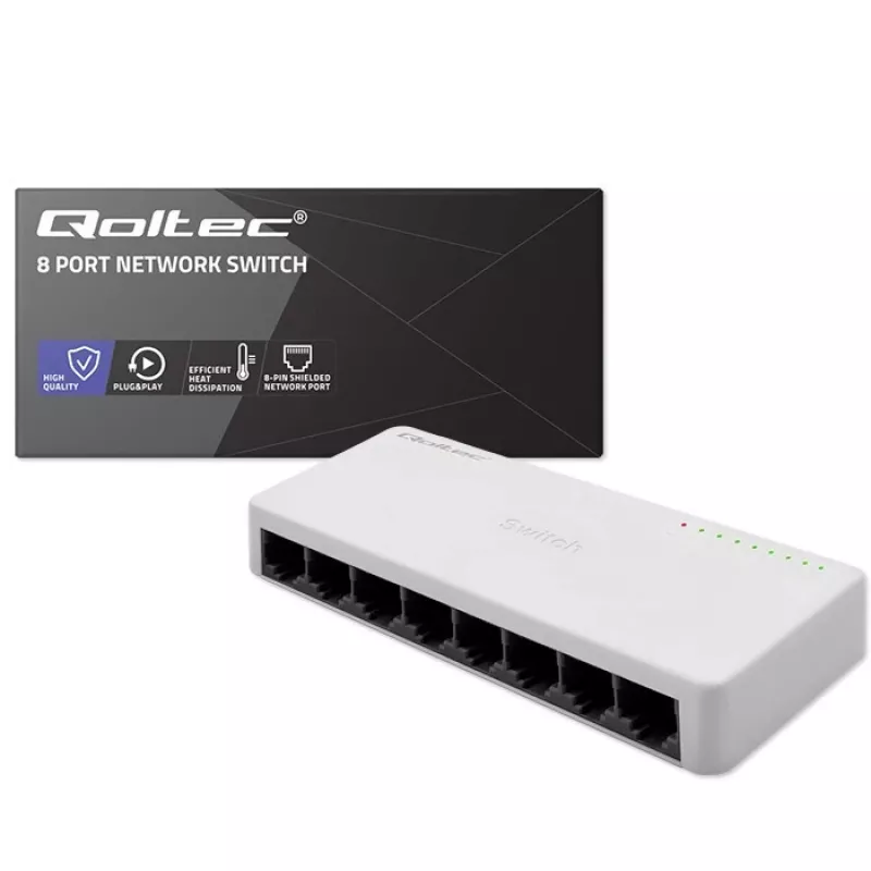 Switch de red QOLTEC 52246 — 8 puertos RJ45, 100 Mbps