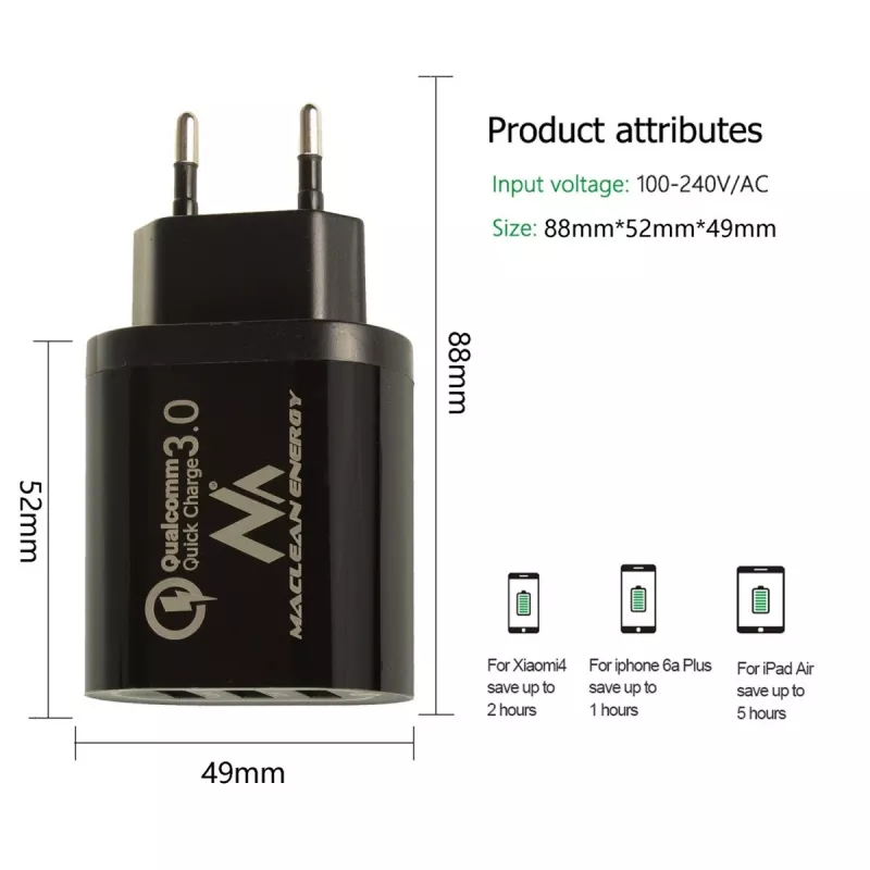 Cargador de pared USB MACLEAN MCE479B — 3 puertos USB, 18W de potencia total, compacto