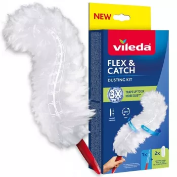 Plumero atrapapolvo VILEDA mango corto 179432 con 2 recambios Flex & Catch, mango de plástico rojo, colgable