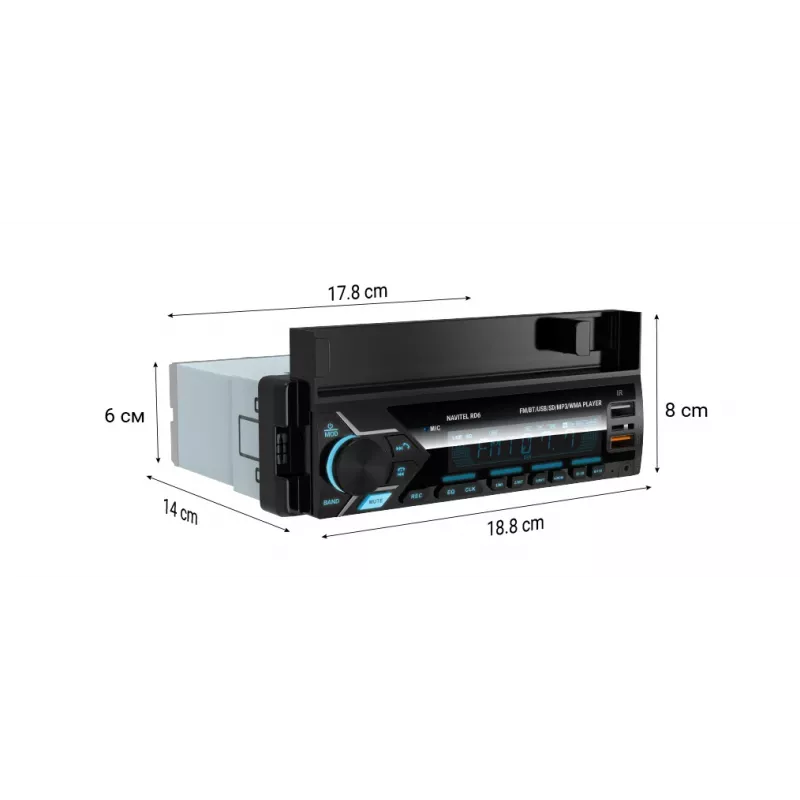 Receptor multimedia digital para coche Navitel RD6 — reproductor de audio 4x45 W, reproducción de fuentes digitales y externas, instalación Single-DIN