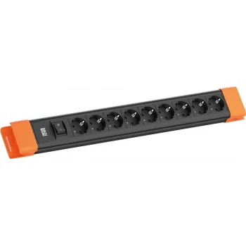 Regleta de enchufes Bachmann CONNECTUS con 9 tomas CEE 7/3, 1 interruptor, cable de 2,0 m — negro/naranja