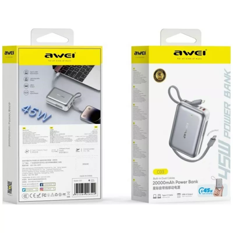 Batería externa portátil Awei C03 20000mAh con salida de 45W y cable USB-A/USB-C integrado