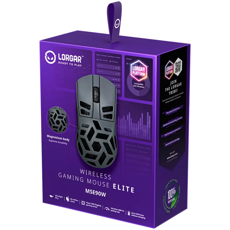 LORGAR MSE90W, ratón gaming inalámbrico Elite de aleación de magnesio, gris oscuro
