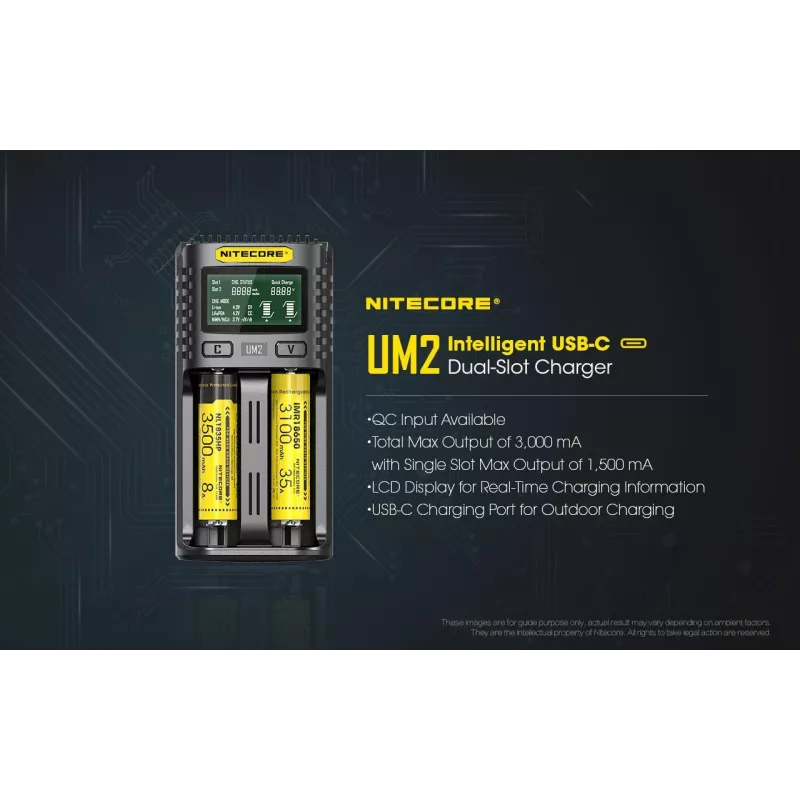 Cargador de baterías Nitecore UM2 pila doméstica DC ion-litio níquel-cadmio