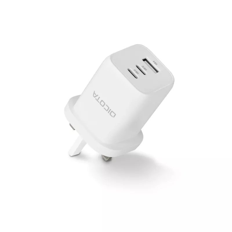 Fuente de alimentación Dicota - compacta, GaN - 65 vatios - 5 A - PD 3.0 - 3 puertos de salida (2 x USB-C, USB)