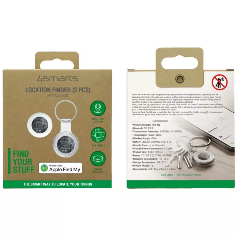 Localizador 4smarts SkyTag Lucid pack de 2 – rastreador Bluetooth GPS, blanco