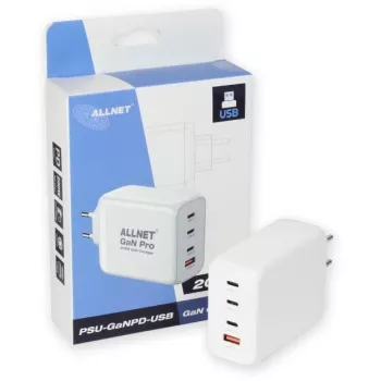 Fuente de alimentación ALLNET PSU-GaNPD-USB-1A3C-200W — cargador USB GaN de 200W, 1× USB-A, 3× USB-C