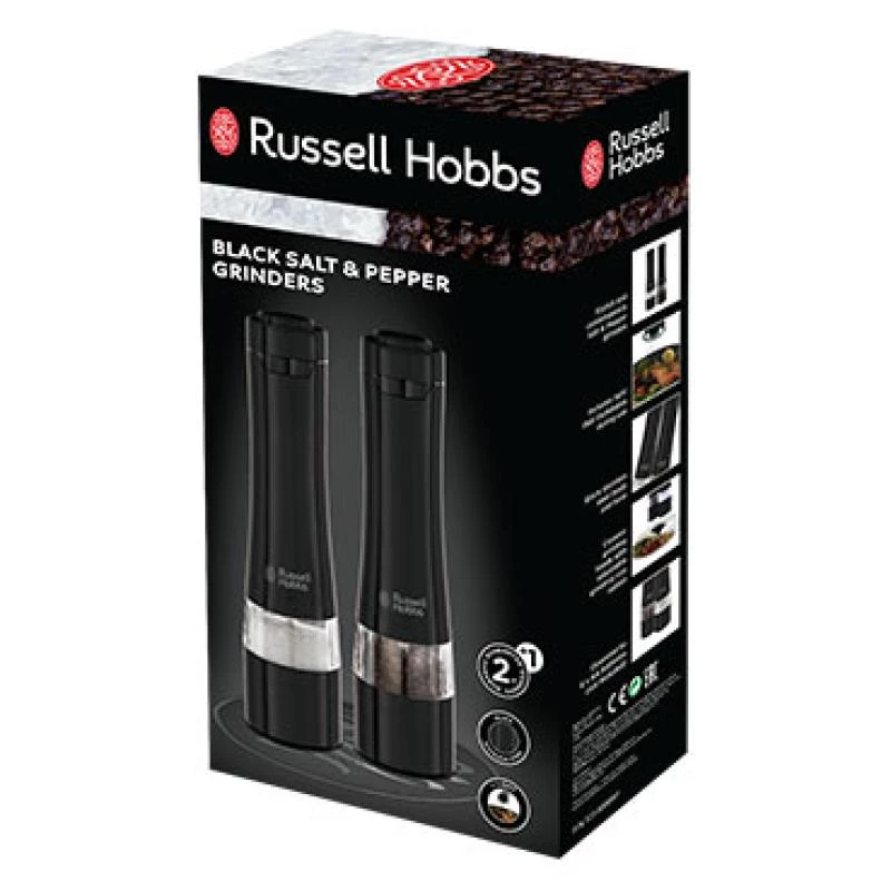Juego de molinillos de sal eléctricos Russell Hobbs 28010-56 (alta calidad, automático, molienda ajustable, luz en la base, diseño metal negro) Molinillo de pimienta