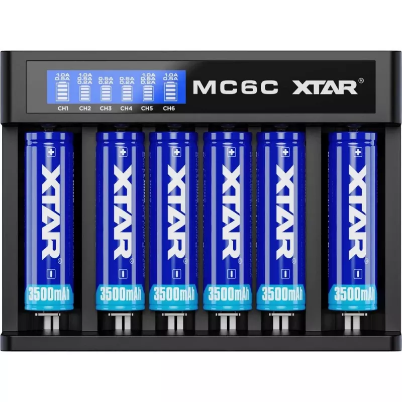 XTAR MC6C cargador multislot inteligente para celdas cilíndricas de Li-Ion, 6 ranuras, compatible con 18650/21700/AA, entrada 5V, negro