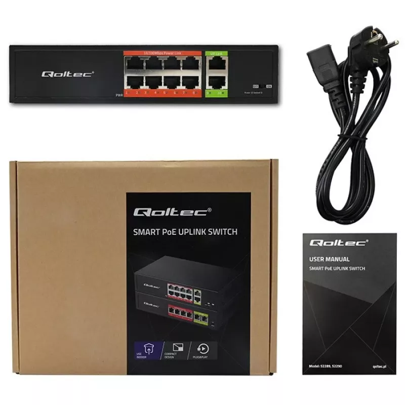 Switch de red QOLTEC Fast Ethernet PoE 8xRJ45 con 2xRJ45 uplink