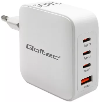 Cargador QOLTEC 51828 140W GaN 3×USB‑C PD + 1×USB‑A QC 3.0 – cargador rápido multipuerto