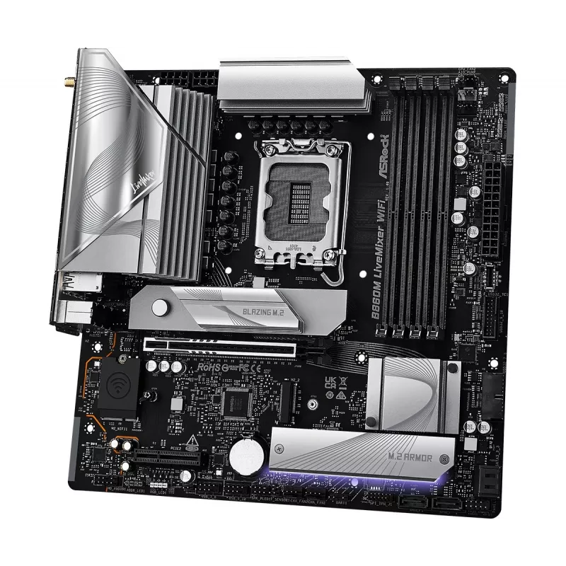 Placa base ASRock B860M LiveMixer WiFi — Intel B860, LGA 1851, micro ATX, DDR5, 4x DIMM, Wi‑Fi 6E, 2.5Gb LAN