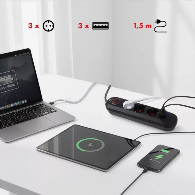 Regleta de enchufes MACLEAN MCE394 B — 3 tomas + 3×USB A, 110–240V, 2,1A USB, 2500W, cable 1,5 m, negro