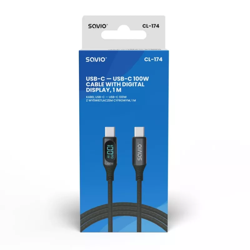Savio CL-174 cable USB-C a USB-C, 100 W, Power Delivery/Quick Charge, pantalla digital, 1 m, verde