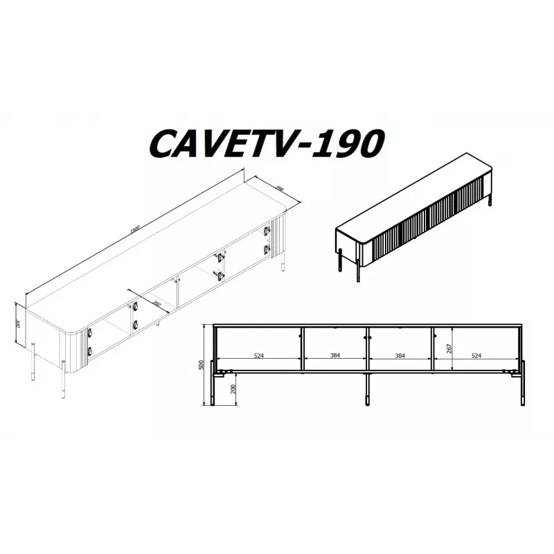 Mueble TV Cama Meble VERA 190x40x50 cm, blanco mate, tablero de partículas