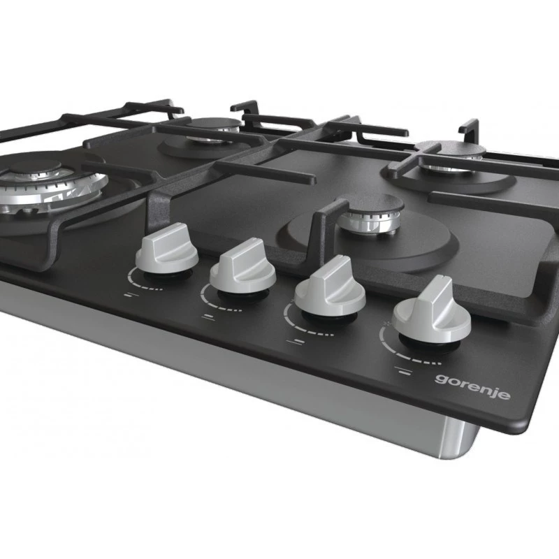 Placa de gas integrable Gorenje GW641EXB, 4 zonas de gas, negra, 60 cm, control por mando giratorio, rejillas de hierro fundido