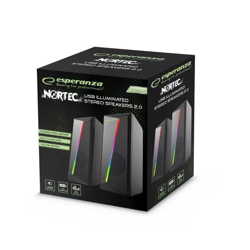Esperanza EGS106 Rainbow Nortec altavoces 2.0, 6 W (2x3 W), alimentados por USB, minijack de 3,5 mm, LED RGB, negros