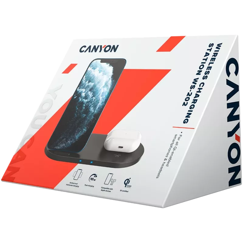 Cargador Base de acoplamiento inalámbrica 2en1 QI 10W/USB-C/LED negra