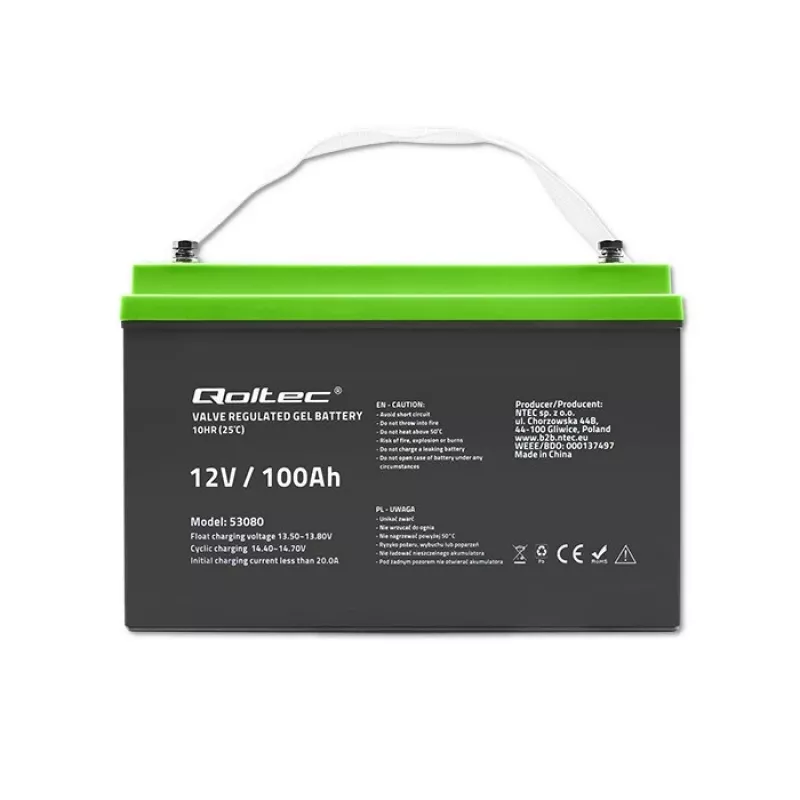 Batería de gel QOLTEC 53080 12V 100Ah — batería recargable sellada para suministro de emergencia