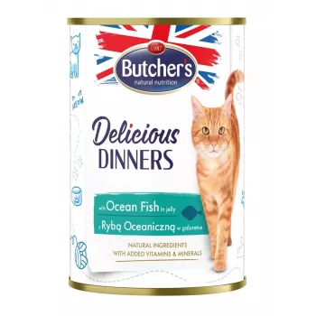 Comida húmeda para gatos butcher's Delicious Dinners Ocean Fish Chunks en gelatina 400 g, sabor a pescado, senior, lata