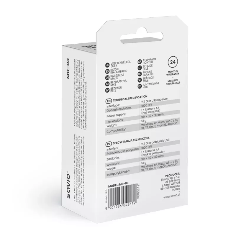 Savio MB-03 ratón óptico inalámbrico, receptor USB de 2,4 GHz, 1000 DPI, 3 botones, pila AA, 99x60x39 mm, 51 g, negro