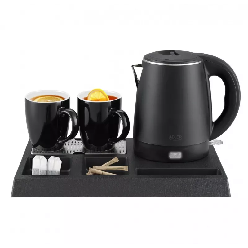 Adler AD 1387 hervidor eléctrico de hotel con bandeja y tazas, 1 l, acero inoxidable