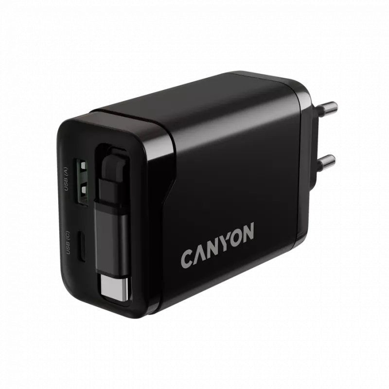 Cargador CANYON OnCharge 65RC con cable USB-C integrado, 65 W, 1x PD, 1x QC, conector EU, negro