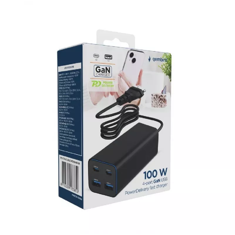 Gembird TA-UC-2A2C-PD100-01-BK Cargador para dispositivos móviles portátil, smartphone Negro AC carga rápida interior