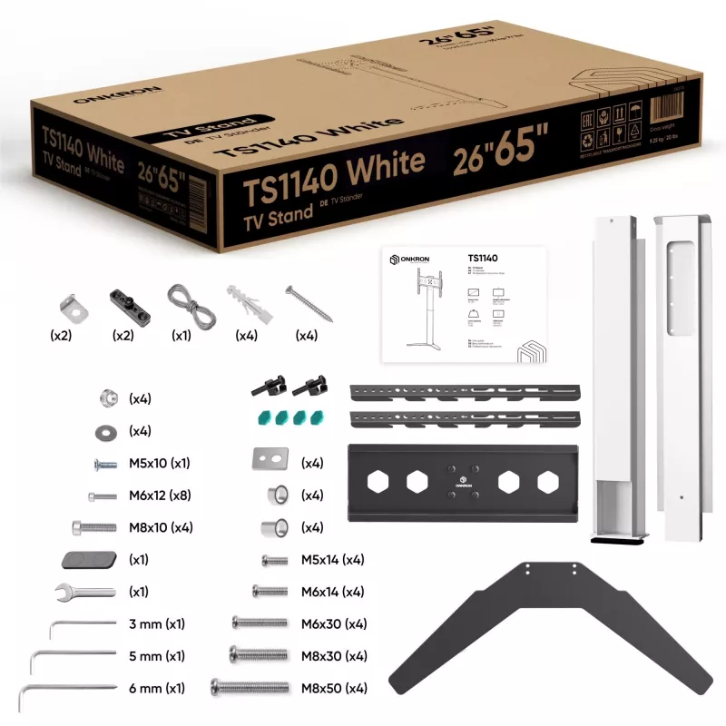 Soporte/pie de TV ONKRON TS1140-W para pantallas de 66–165,1 cm (26 inch–65 inch), 35 kg, VESA 100x100–400x400, altura 880–1100 mm, blanco