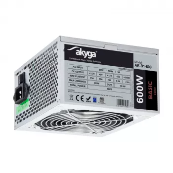Fuente de alimentación ATX Akyga Basic AK-B1-600 600 W, ventilador de 120 mm, PFC pasivo, gris