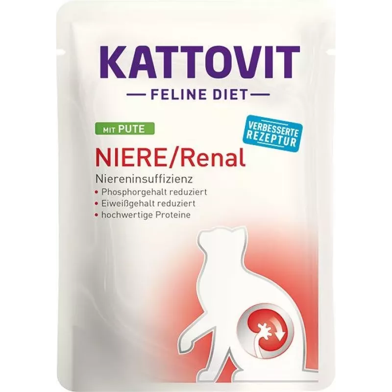 Comida húmeda para gatos KATTOVIT Niere/Renal 85 g bolsa – 12 x 85 g, ave (ternera, pollo, pato, pavo) para gatos adultos con insuficiencia renal