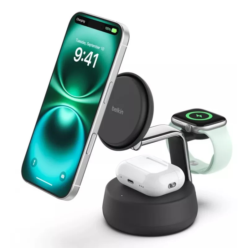 Cargador de interior Belkin UltraCharge Pro 25W Qi2 3en1 Cargador magnético Charcoal