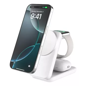 Cargador de interior Belkin UltraCharge 25W Qi2 Cargador magnético 3 en 1 UE Blanco Cuadrado