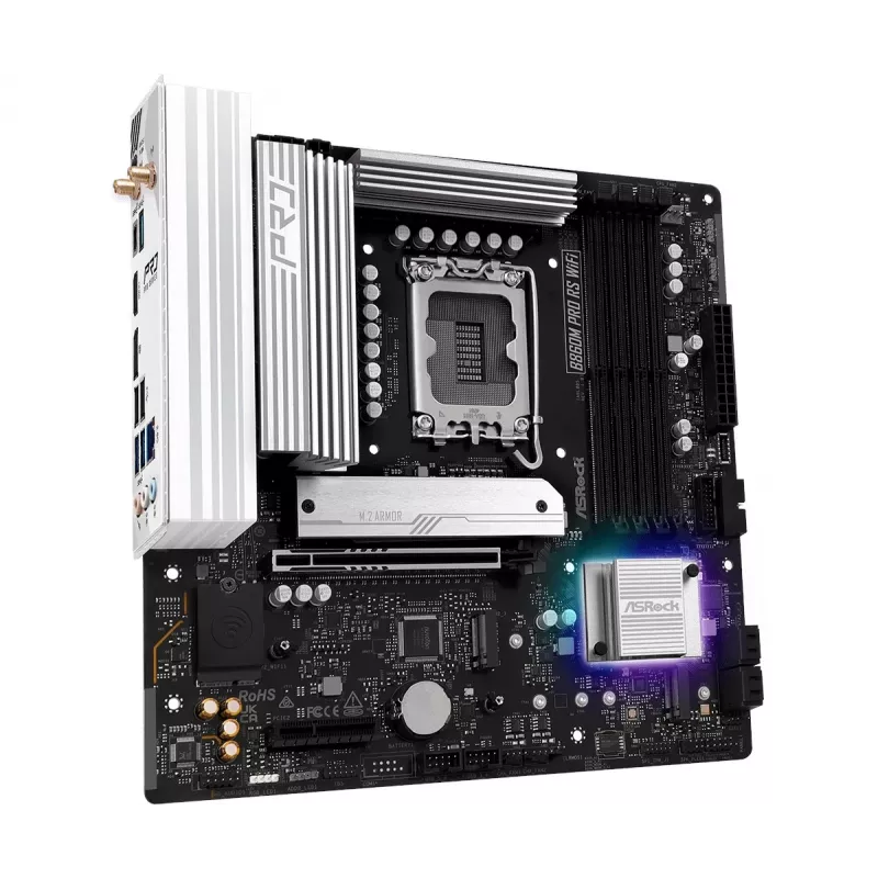 Placa base ASRock B860M Pro RS WiFi — Intel B860, LGA 1851, micro ATX, DDR5, 4 DIMM, 3x M.2, 2.5Gb LAN, Wi‑Fi, Bluetooth