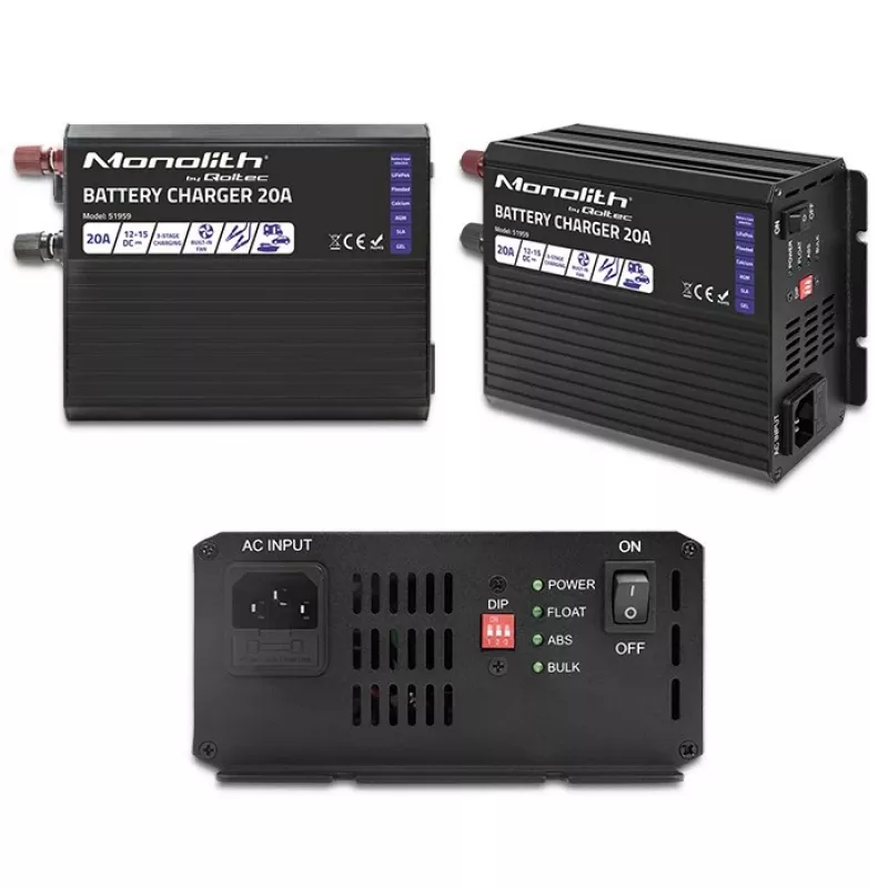 Cargador QOLTEC Monolith 20 A 12 V para baterías LiFePO4, AGM, GEL, SLA
