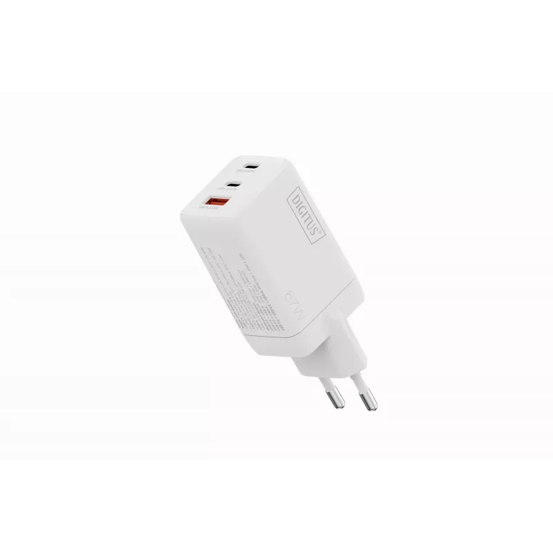Cargador de pared DIGITUS DA-10303 67W GaN, 2× USB-C + 1× USB-A, 100–240V, blanco