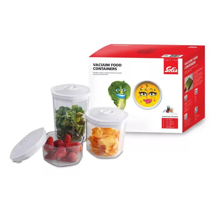 Set de recipientes de vacío para alimentos Solis 92278 — hexagonal 700 ml, 1,4 L, 2 L, blanco/transparente, apto para frigorífico y congelador
