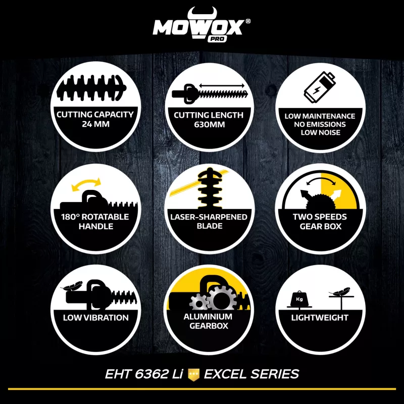 Cortasetos de batería MoWox EHT 6362 Li — de mano, mango giratorio, a batería