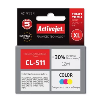 Cartucho de tinta ActiveJet AC-511R compatible con Canon CL-511, a base de tinte CMY, alta capacidad (XL) 12 ml, pack individual