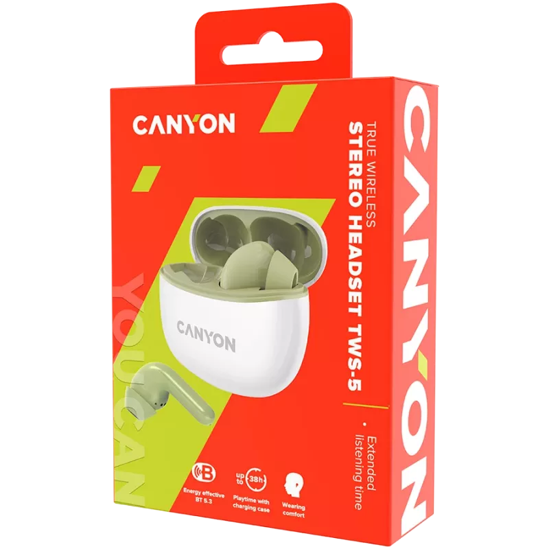 Auriculares in-ear CANYON TWS-5, verde Bluetooth 5.3, control táctil, entrada de carga: USB-C